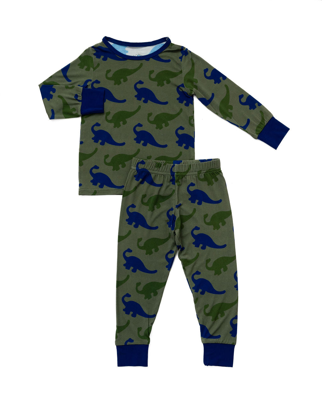 Bamboo Long Sleeve Pajama Set with a Green Dinosaur Print