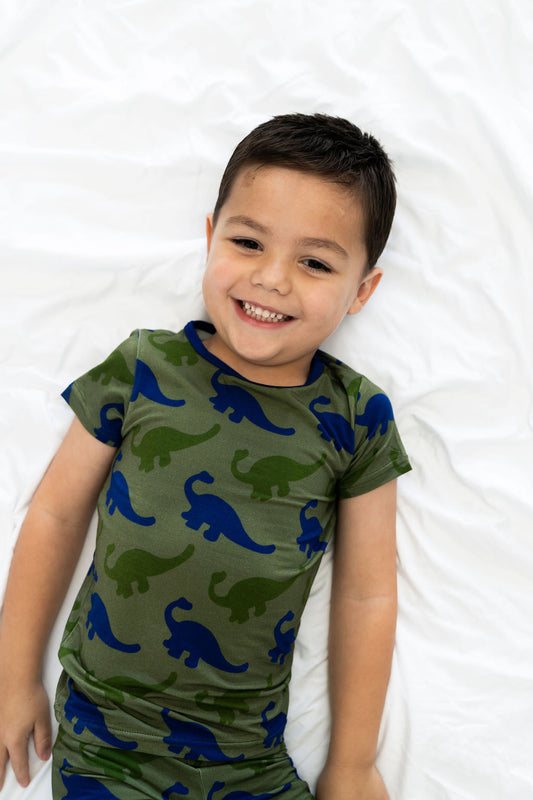 Bamboo Short Sleeve Pajama Set with a Green Dinosaur Print