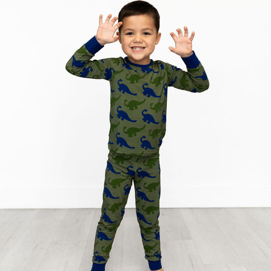 Bamboo Long Sleeve Pajama Set with a Green Dinosaur Print