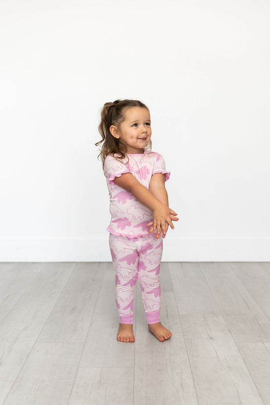 Pink Short Sleeve Ruffle Triceratops Sleep Set