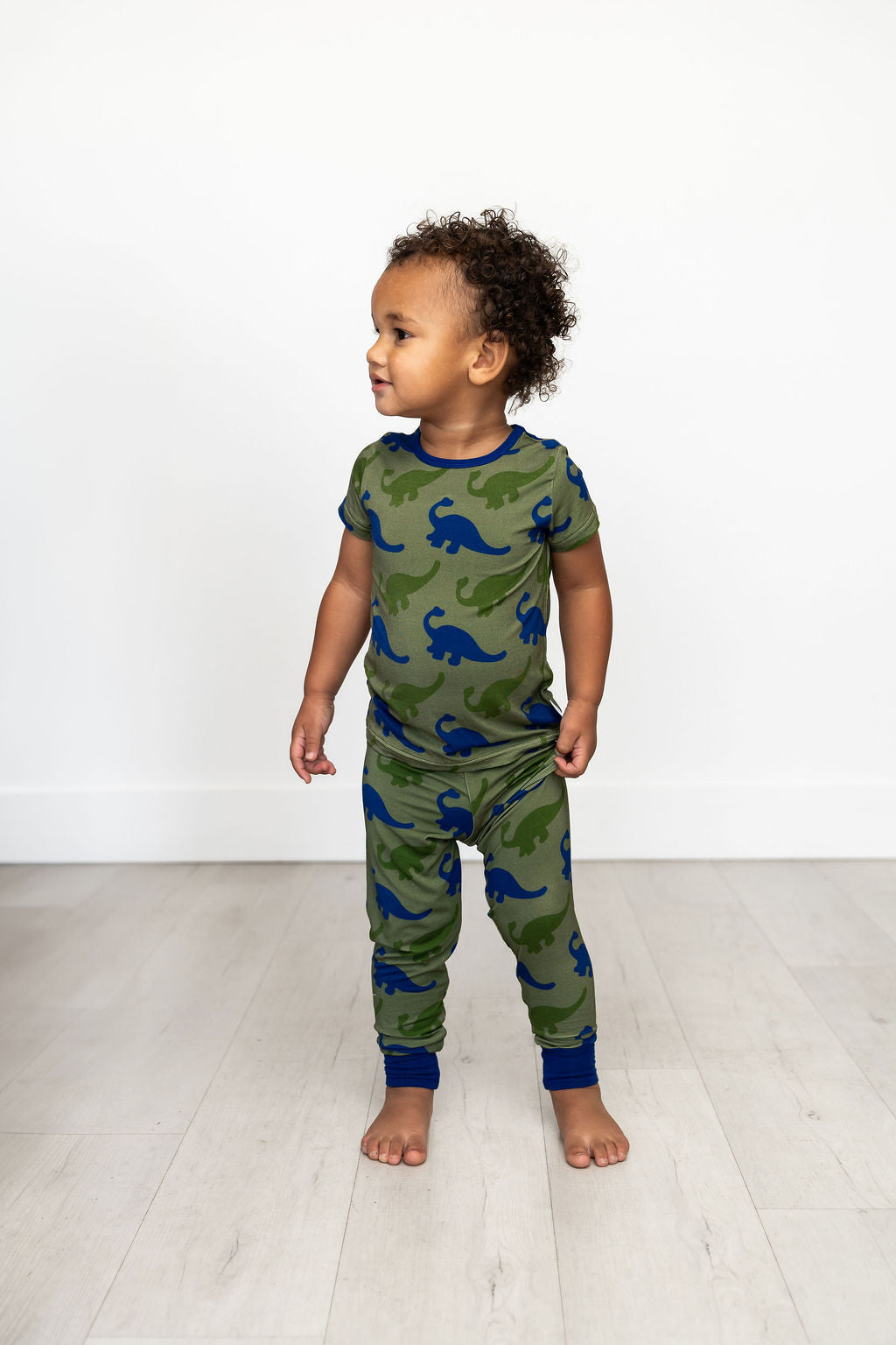 Bamboo Short Sleeve Pajama Set with a Green Dinosaur Print
