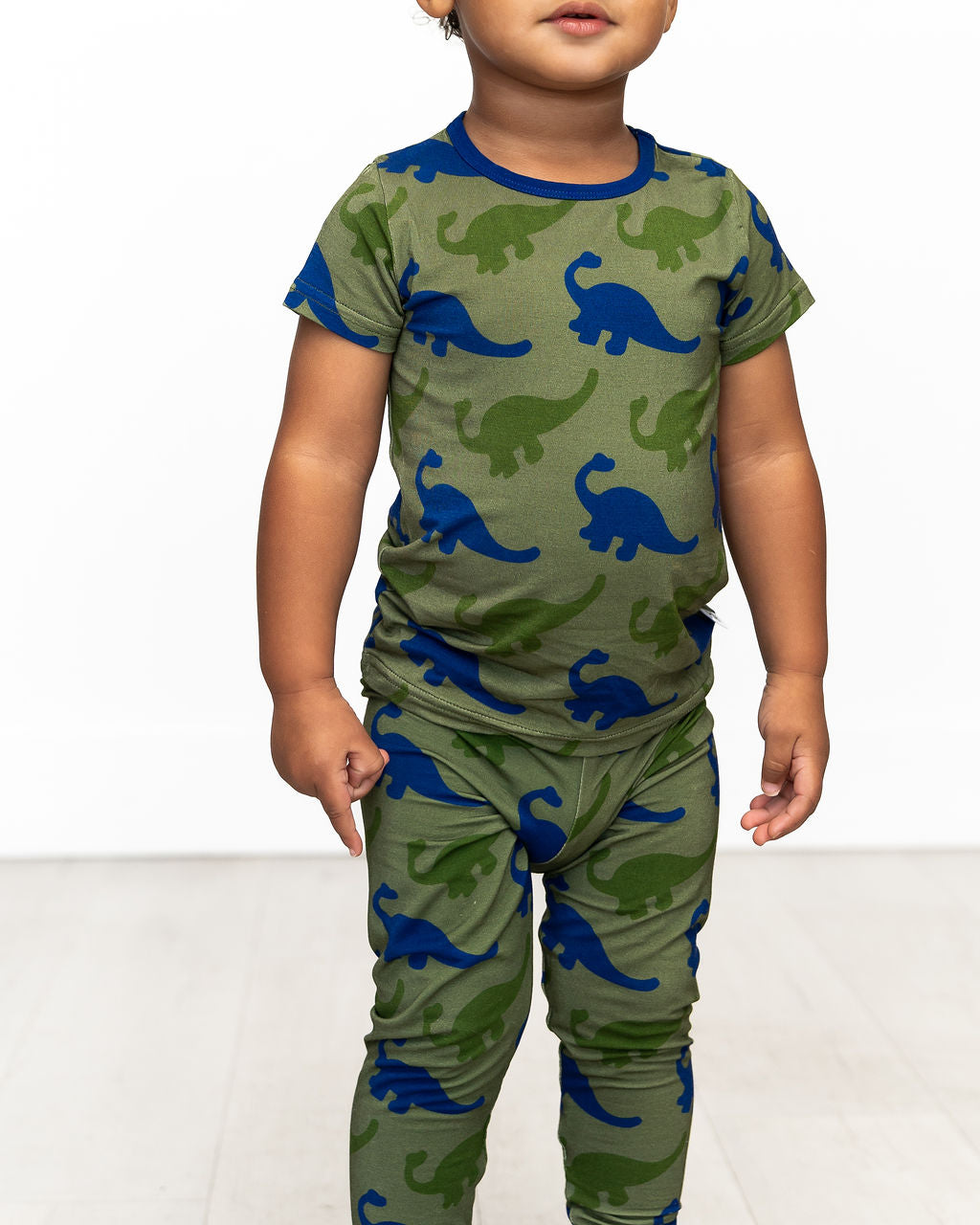 Bamboo Short Sleeve Pajama Set with a Green Dinosaur Print