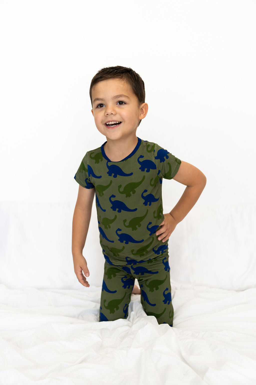 Bamboo Short Sleeve Pajama Set with a Green Dinosaur Print