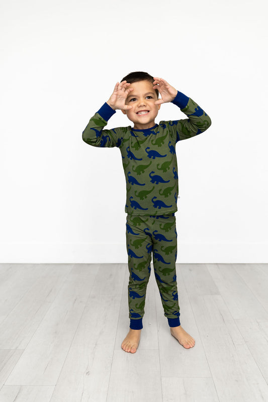 Bamboo Long Sleeve Pajama Set with a Green Dinosaur Print