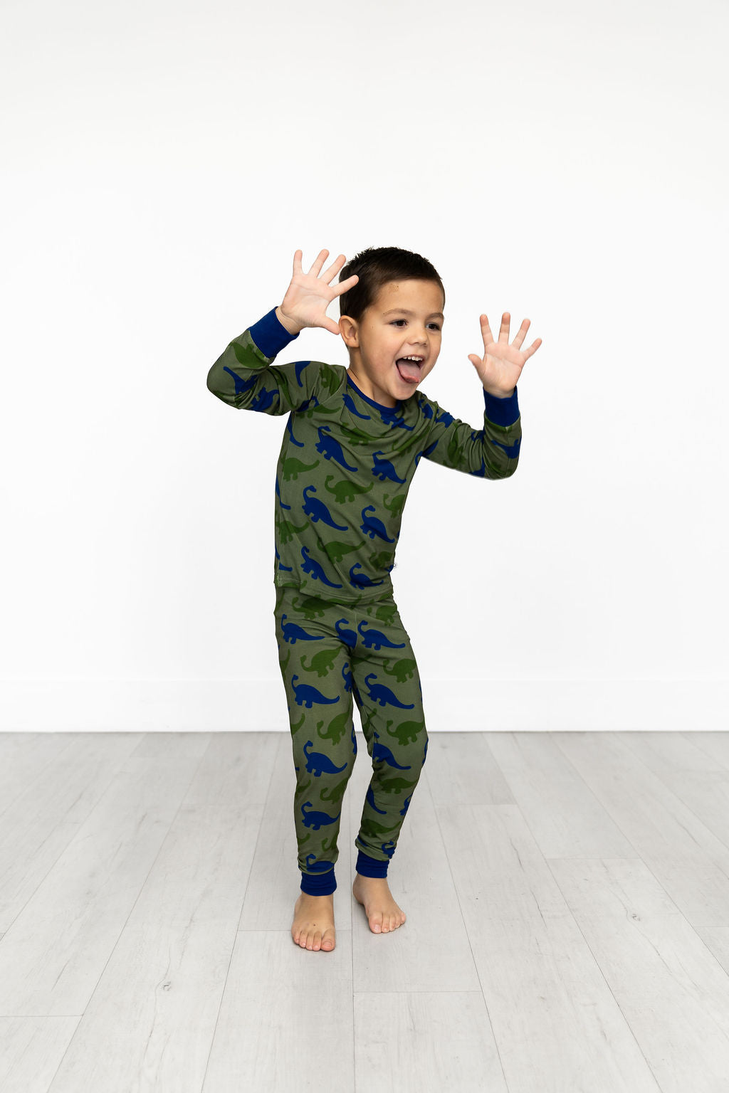Bamboo Long Sleeve Pajama Set with a Green Dinosaur Print