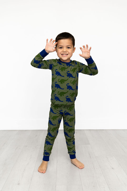 Bamboo Long Sleeve Pajama Set with a Green Dinosaur Print
